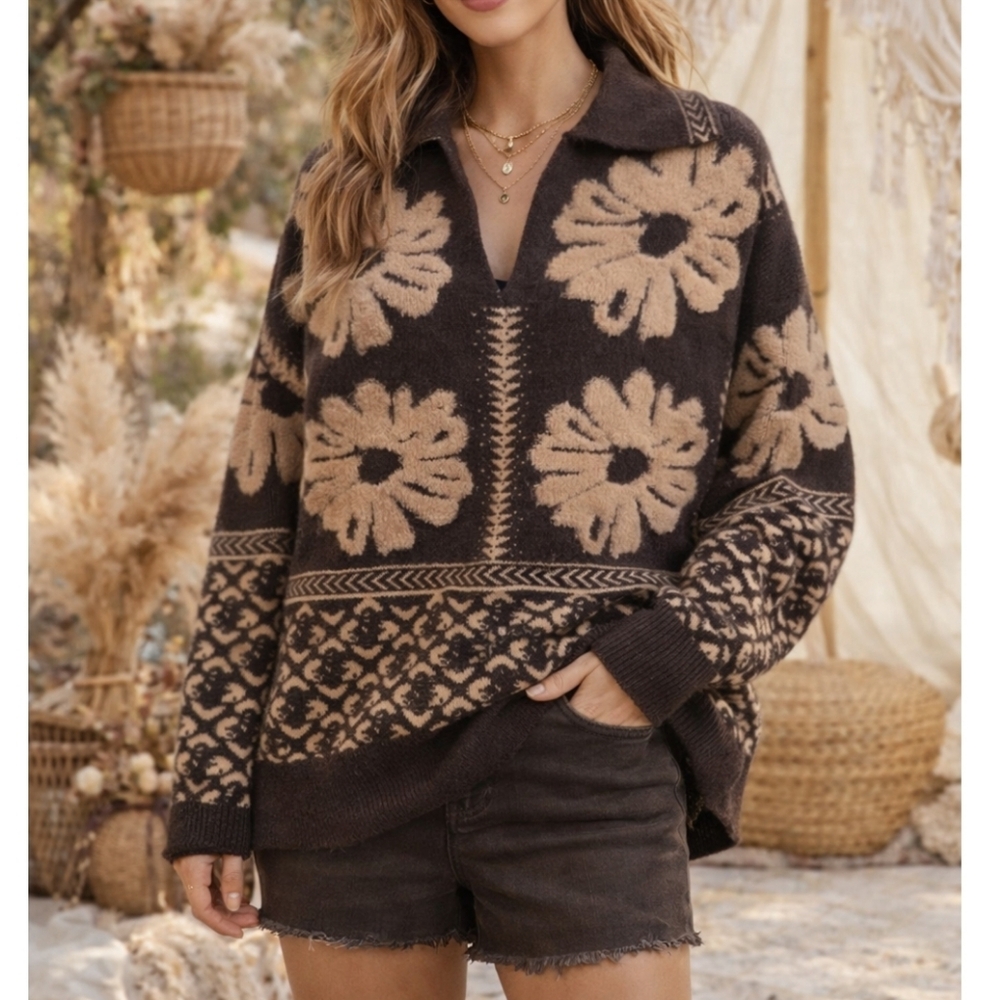 Cherie Collette Womens Sherpa Sweater Large Elegant Brown Floral V-Neck Boho